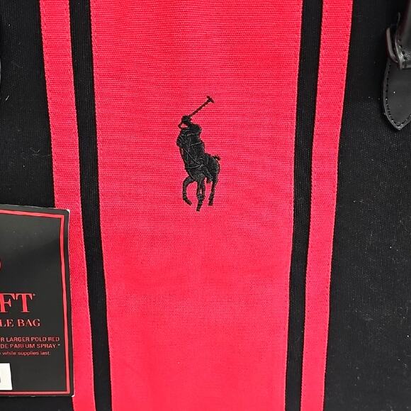 Polo by Ralph Lauren Big Pony Logo Leather Handle Black and Red Duffel Bag (NWT) - Picture 3 of 10